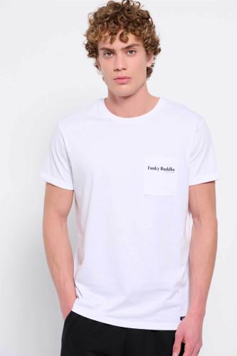 Funky Buddha ανδρικό βαμβακερό T-shirt μονόχρωμο με τσέπη slip και contrast logo print - FBM007-011-04 Λευκό M